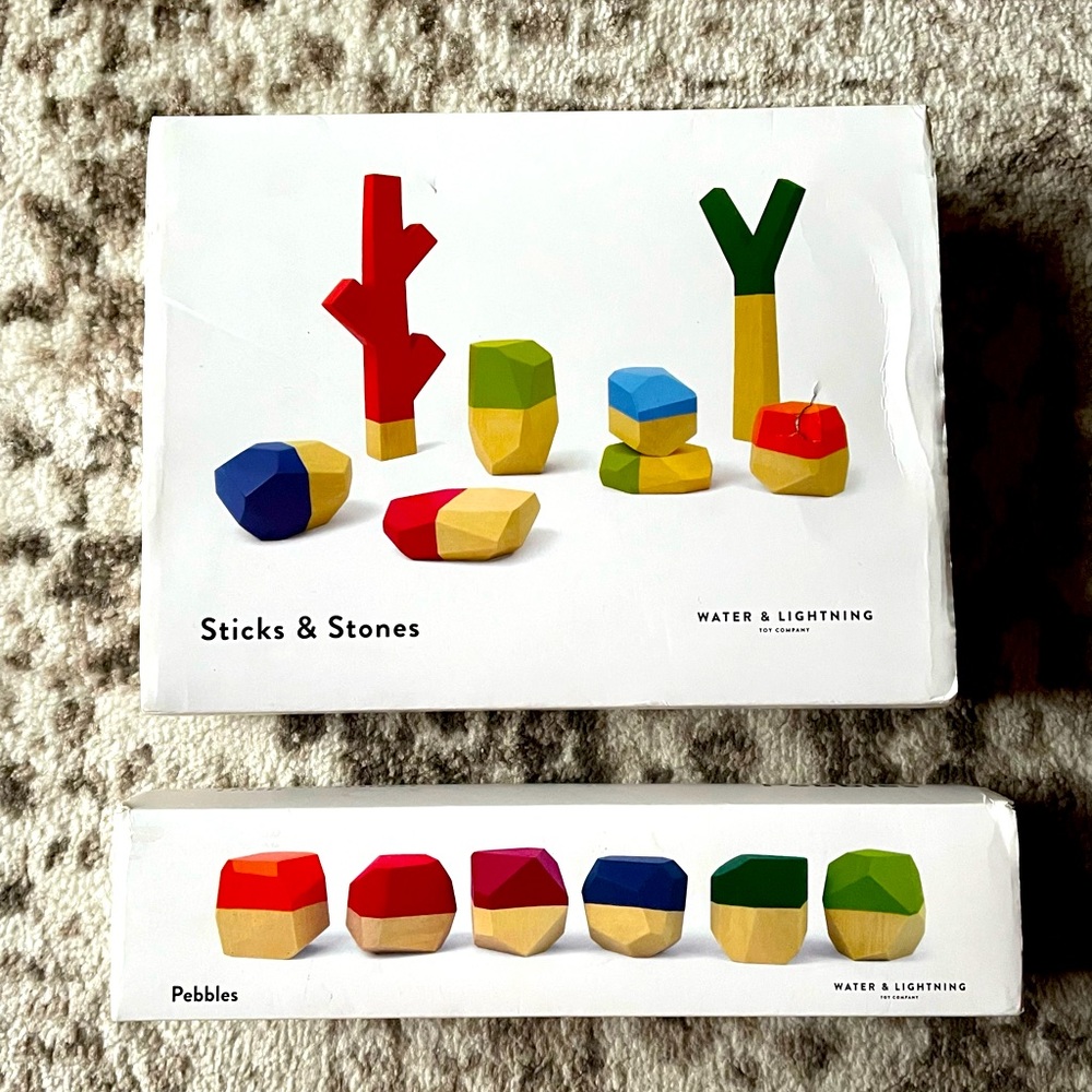 WATER & LIGHTNING pebbles set AND sticks & stones set wooden natural blocks